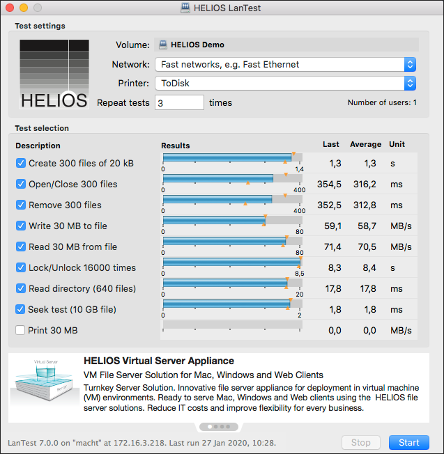 HELIOS LanTest dialog