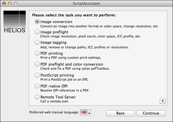 The ScriptAssistant task selection dialog