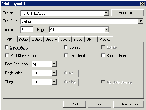 “Layout” tab in QuarkXPress “Print” dialog