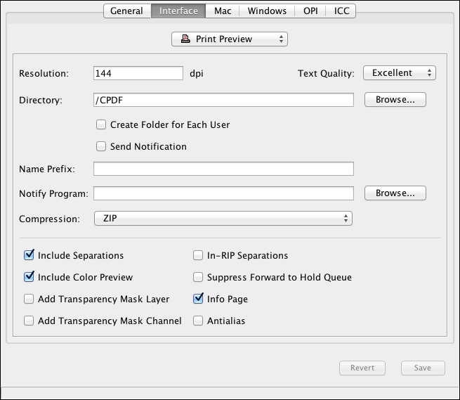 “Printer” window – <code>Interface</code> tab